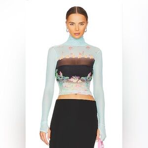NWT AFRM “Zadie” Long-Sleeved Mesh Top in Aqua Floral Placement - L
